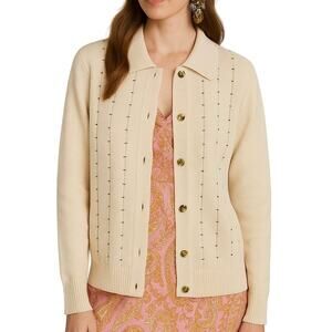 St. John Cream Santana Knit Cardigan Gold Buttons Size Medium Vintage Embellish